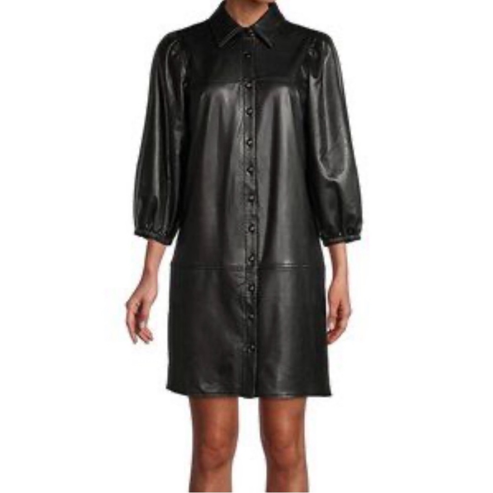 7 For All Mankind Black Leather Button-Front Shirt Dress Jacket